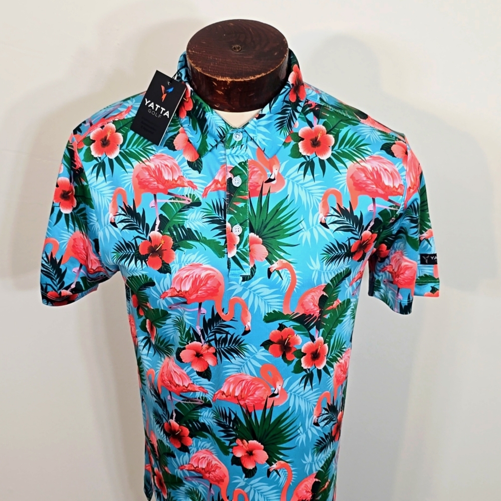 Yatta Golf Mens Small Flamingos Short Sleeve Golf Polo Shirt New With Tags